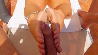 mature lighthaired wife footjob