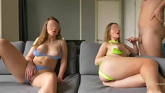 sucks handjob jizz tits